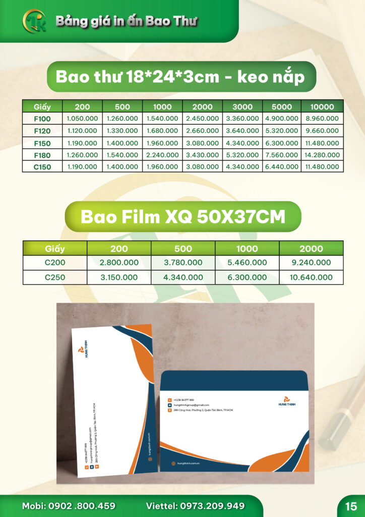 bảng giá in ấn bao thư