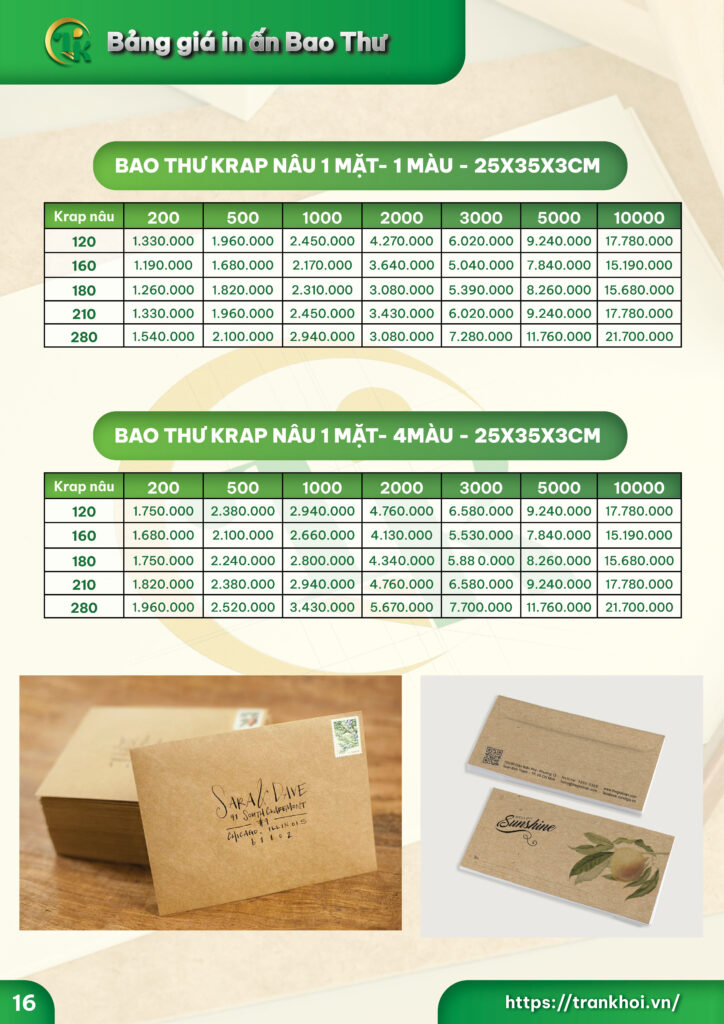 bảng giá in ấn bao thư giấy krap